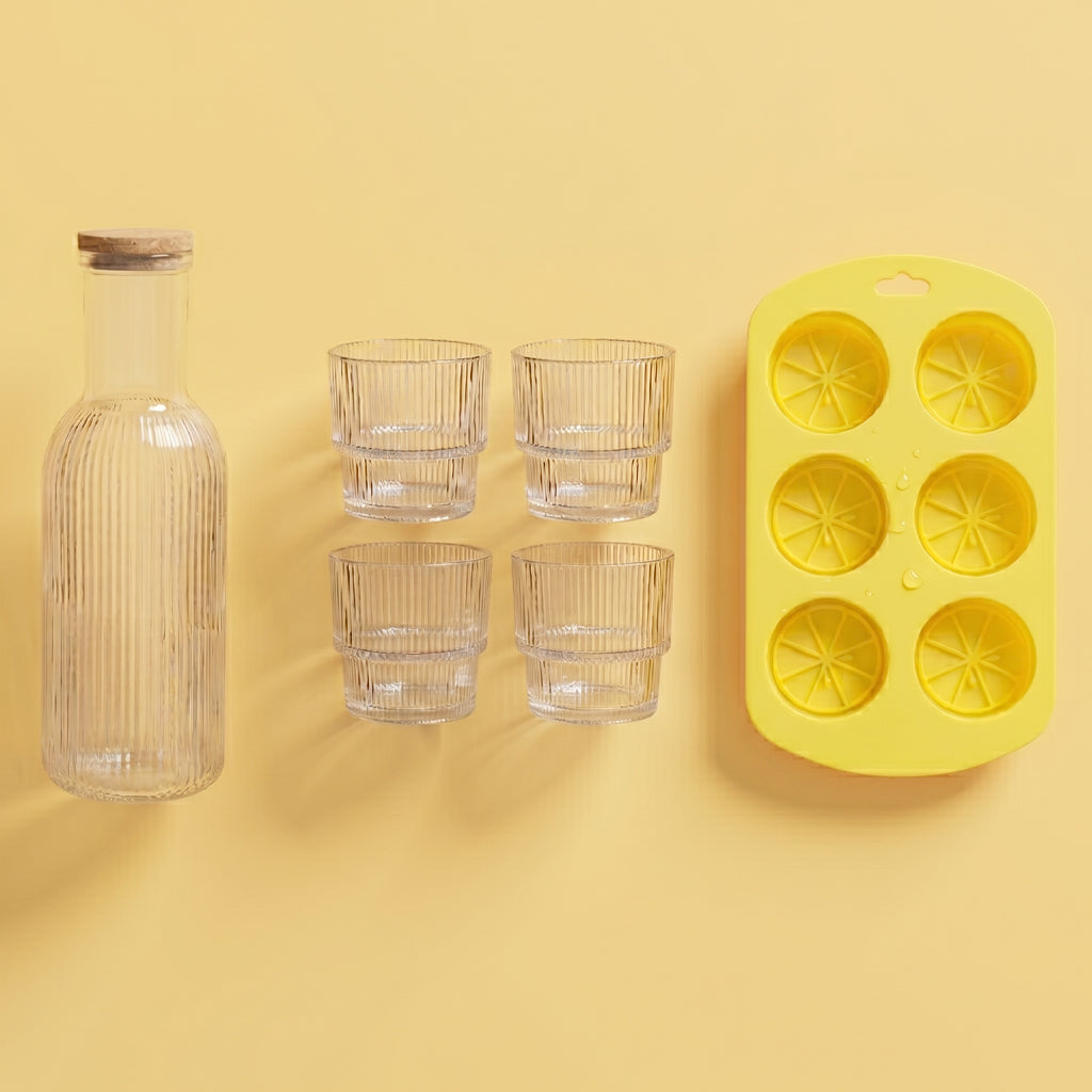 Słońce i lód - zestaw karafka szklana z korkiem Versare 1l + 4 x szklanka Florina Baltico 330 ml + foremka na kostki lodu silikonowa 11x19cm Amarelo