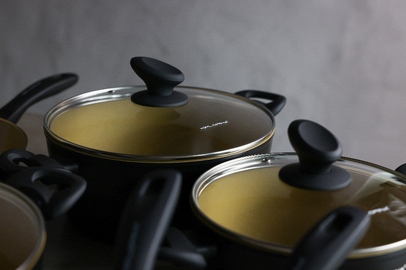 Zestaw garnków 4 elementowy komplet AmVegan 16 cm; 20 cm; 24 cm; 26 cm | 1,1 l; 2,1 l; 3,6 l; 4,8 l | aluminum | powłoka nieprzywierająca | wszystkie typy kuchenek