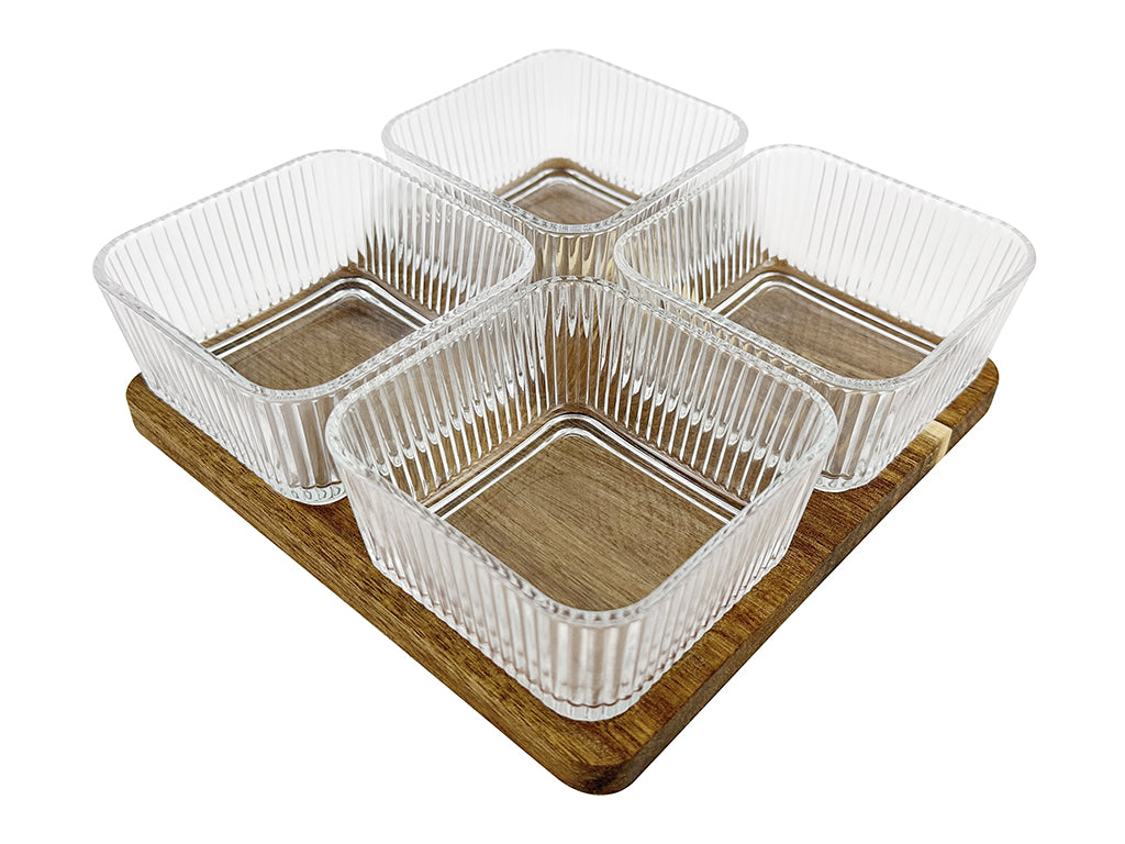MISECZKI DO DIPÓW SZKLANE KWADRATOWE NA PODSTAWCE AKACJOWE WOODGLASS 5 EL.