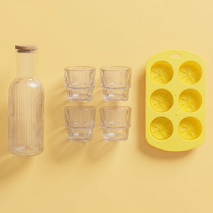 Słońce i lód - zestaw karafka szklana z korkiem Versare 1l + 4 x szklanka Florina Baltico 330 ml + foremka na kostki lodu silikonowa 11x19cm Amarelo