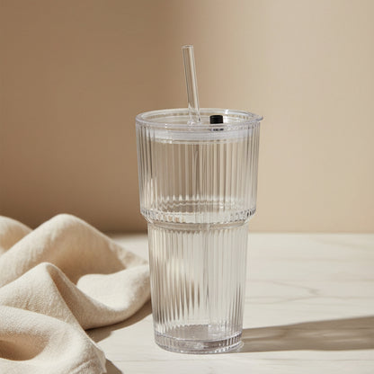 SZKLANKA VETRINO RYFLOWANA Z POKRYWKĄ I SŁOMKĄ 540ML