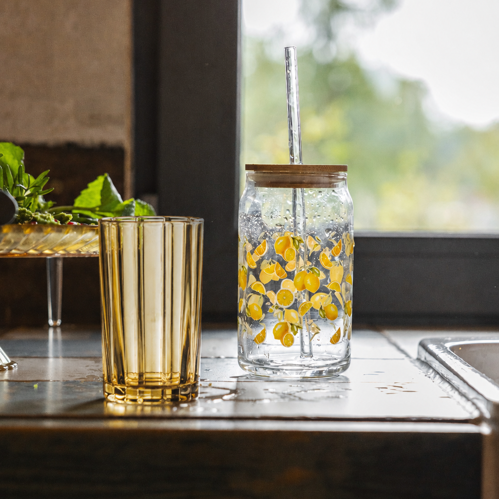 Czas na orzeźwienie - 4 x szklanka Sorrento 310 ml żółta + słomki szklane Lemonado + foremka Amarelo