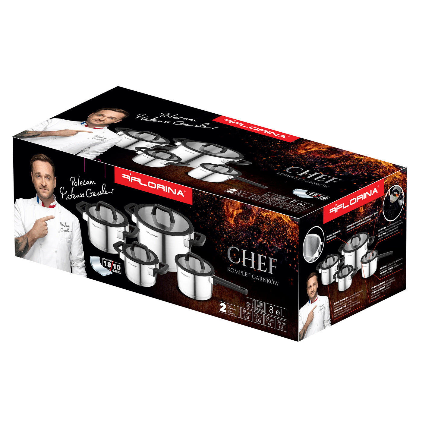 Komplet garnków nierdzewnych Florina Chef by Mateusz Gessler 1,8 l i 2,5 l i 3,5 l i 6 l